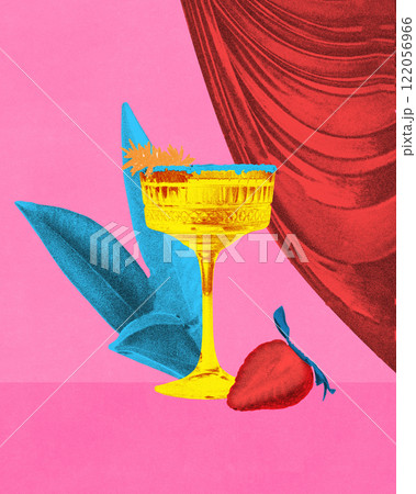 Conceptual art design. Yellow coupe glass with blue tropical leaves, red strawberry and pink curtain on vibrant background, creating stylish festive elegance. Conceptual art design. Yellow coupe glass with blue tropical leaves, red strawberry and pink curtain on vibrant background, creating stylish festive elegance. 122056966