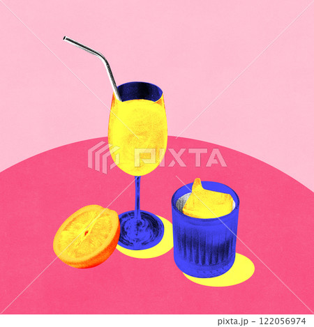 Creative graphic design. Yellow-orange drinks in blue glasses with straw, citrus slices on pink table for fresh, celebratory Friday night atmosphere. Creative graphic design. Yellow-orange drinks in blue glasses with straw, citrus slices on pink table for fresh, celebratory Friday night atmosphere. 122056974