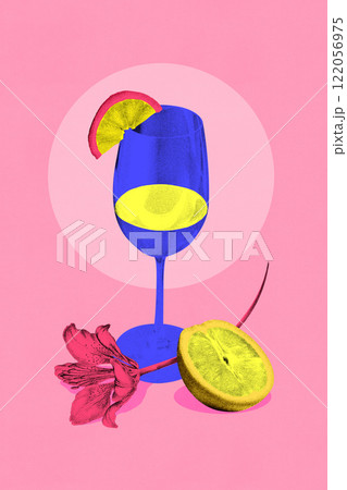 Conceptual art design. Blue wine glass with citrus slice, pink flower, and lemon half on vibrant pink background, reflecting cheerful holiday party mood. 122056975