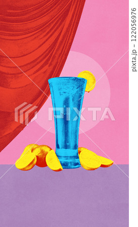 Conceptual art design. Blue tall glass with lemon wedge, surrounded by orange slices, set against pink background and red curtain, creating festive Friday energy. Conceptual art design. Blue tall glass with lemon wedge, surrounded by orange slices, set against pink background and red curtain, creating festive Friday energy. 122056976
