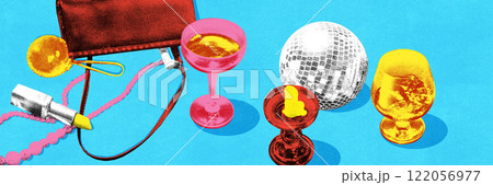 Modern artwork. Light blue coupe glass with vibrant red garnish, purple rose, and flowers on bright yellow background for lively, romantic holiday feel. Modern artwork. Light blue coupe glass with vibrant red garnish, purple rose, and flowers on bright yellow background for lively, romantic holiday feel. 122056977