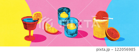 Banner. Modern artwork. Assorted colorful drinks with orange slices and ice cubes on vibrant pink-yellow-blue background, creating dynamic party atmosphere. 122056985