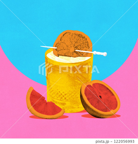 Contemporary art collage. Golden cocktail glass with dried orange slice garnish, citrus halves, and vivid blue-pink background for tropical Friday celebration mood. 122056993