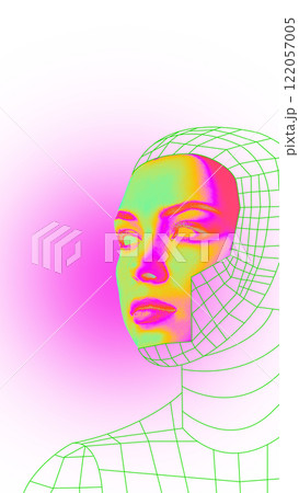 Creative art collage. Abstract face split with wireframe overlay, blending human identity and digital future, symbolizing metaverse innovation against white background. Creative art collage. Abstract face split with wireframe overlay, blending human identity and digital future, symbolizing metaverse innovation against white background. 122057005