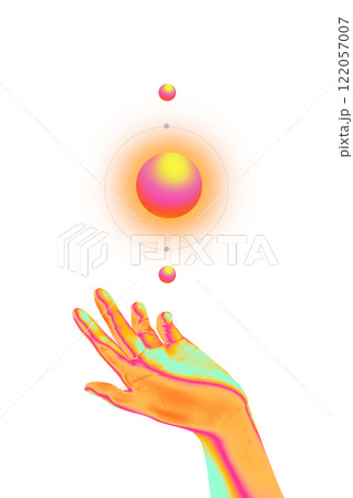 Modern artwork. Hand reaching towards glowing planetary alignment, representing connection between humanity and cosmic innovation. Modern artwork. Hand reaching towards glowing planetary alignment, representing connection between humanity and cosmic innovation. 122057007