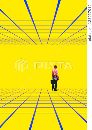 Modern artwork. Single figure walking into bright geometric grid space, symbolizing exploration of infinite possibilities in futuristic worlds. 122057010