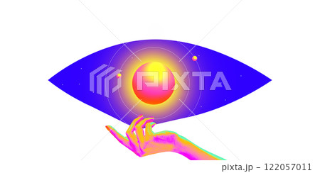 Conceptual art design. Hand presenting glowing planetary system in vibrant tones, showcasing science and metaverse inspiration against white background. Conceptual art design. Hand presenting glowing planetary system in vibrant tones, showcasing science and metaverse inspiration against white background. 122057011