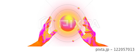 Flyer. Creative art design. Hands framing glowing sphere surrounded by orbits, portraying cosmic energy and metaverse interaction against white background. 122057013