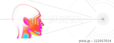 Banner. Creative art design. Colorful human profile gazing forward with geometric lines projecting, evoking futurism and scientific exploration against white background. Banner. Creative art design. Colorful human profile gazing forward with geometric lines projecting, evoking futurism and scientific exploration against white background. 122057014