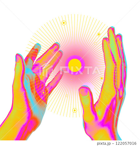 Contemporary art collage. Vibrant hands reaching towards radiant sphere, symbolizing futuristic energy and connection in science against white background. 122057016