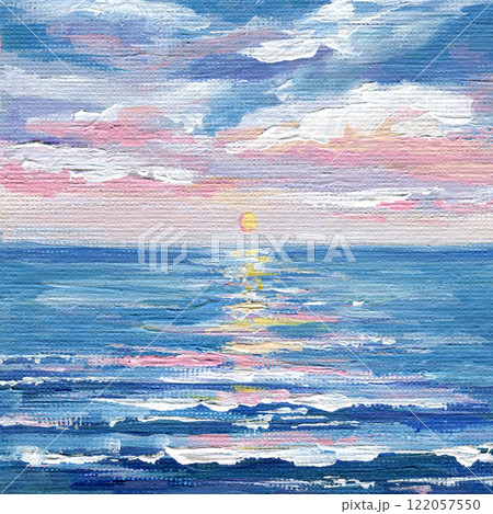 landscape acrylic painting with sunset over the ocean with colorful sky and waves. Hand-painted on canvas vibrant colors 122057550