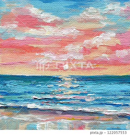 Sunset reflection on calm ocean water with soft clouds acrylic artwork hand-painted on canvas. landscape oil painting  122057553