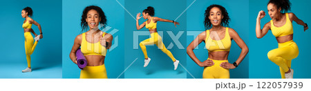 A confident athletic black woman in bright yellow activewear displays various fitness activities, including running, stretching, and exercising. The vibrant blue background highlights her energy. A confident athletic black woman in bright yellow activewear displays various fitness activities, including running, stretching, and exercising. The vibrant blue background highlights her energy. 122057939