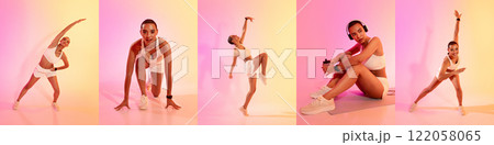 A dancer African American lady showcases various dynamic movements in a lively indoor setting. The colorful backdrop enhances the vibrant energy of the workout, emphasizing motion and flexibility. A dancer African American lady showcases various dynamic movements in a lively indoor setting. The colorful backdrop enhances the vibrant energy of the workout, emphasizing motion and flexibility. 122058065