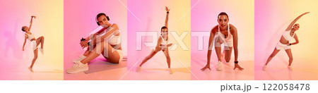 African American woman in athletic wear engages in a variety of energetic exercises against a colorful backdrop. She showcases strength, flexibility, and enthusiasm while listening to music. 122058478