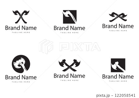 Woodcutter tool axe logo carpentry simple design silhouette illustration template collection bundle set 122058541