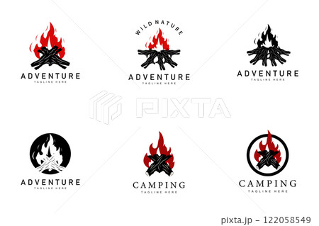 Simple vector outdoor camping logo, wild adventure template with old vintage style collection bundle set Simple vector outdoor camping logo, wild adventure template with old vintage style collection bundle set 122058549