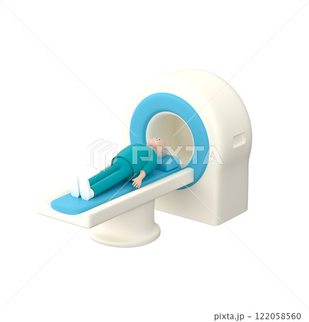 Senior male character with grey hair lying on a patient table at MRI scanner, 3d render 122058560