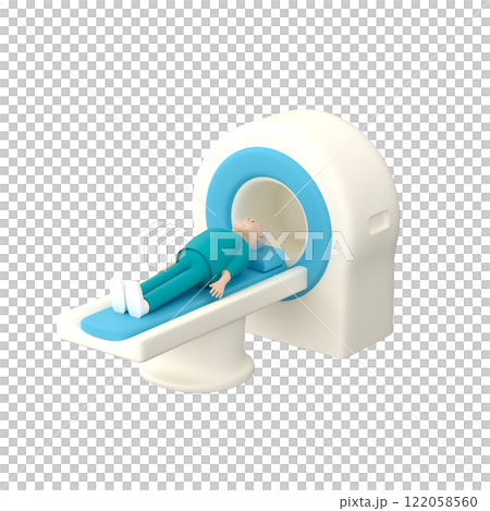 Senior male character with grey hair lying on a patient table at MRI scanner, 3d render 122058560