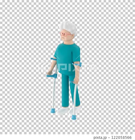 Old woman character in patient clothes walking using forearm crutches, 3d render 122058566