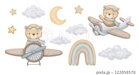 Cute bear pilot on airplane, star, moon and clouds, watercolor hand drawn illustrations set isolated on white background 122058578