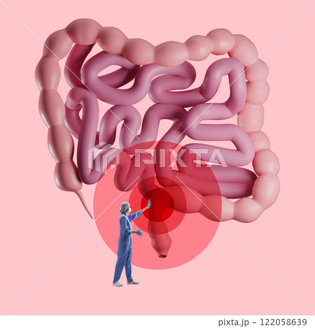 Doctor examining large intestine with red markers highlighting areas of discomfort. Gastrointestinal health and medical diagnosis. Conceptual design. Doctor examining large intestine with red markers highlighting areas of discomfort. Gastrointestinal health and medical diagnosis. Conceptual design. 122058639