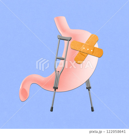 Abstract illustration of stomach with crutches and bandage, symbolizing digestive health recovery and medical care. Conceptual design. 122058641