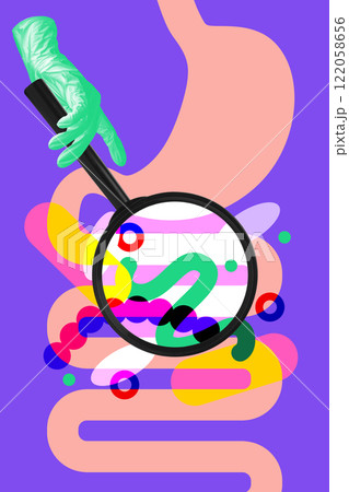Abstract depiction of doctor hand holding magnifying glass over colorful digestive system. Microbiota, research, and gastrointestinal health. Conceptual design. Abstract depiction of doctor hand holding magnifying glass over colorful digestive system. Microbiota, research, and gastrointestinal health. Conceptual design. 122058656