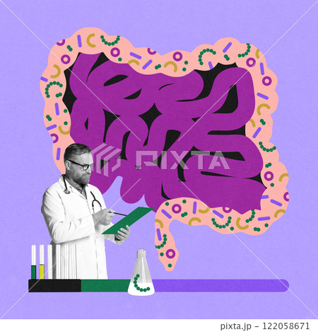 Male doctor in lab coat reviewing medical notes against abstract illustration of gut microbiota. Digestive system health and microbiology. Conceptual design. Male doctor in lab coat reviewing medical notes against abstract illustration of gut microbiota. Digestive system health and microbiology. Conceptual design. 122058671