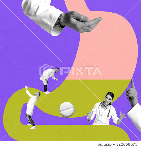Doctors in lab coats examining colorful abstract digestive tract model, symbolizing gastrointestinal health and research. Conceptual design. Doctors in lab coats examining colorful abstract digestive tract model, symbolizing gastrointestinal health and research. Conceptual design. 122058675