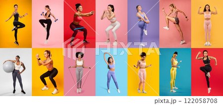 A group of women performs a variety of fitness exercises, showcasing strength and flexibility. The vibrant backgrounds enhance the energetic atmosphere during their workout session. A group of women performs a variety of fitness exercises, showcasing strength and flexibility. The vibrant backgrounds enhance the energetic atmosphere during their workout session. 122058708
