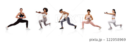 Five women in stylish workout clothing engage in different strength training exercises. The setting is bright and clean, emphasizing health and fitness during an indoor workout session. 122058969