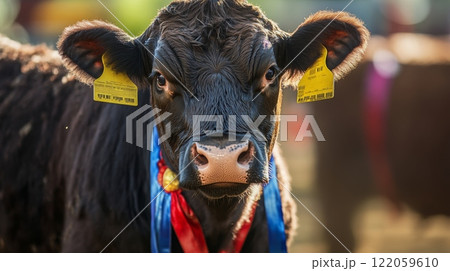 A brown cow adorned with colorful ribbons and ear tags stands proudly in a livestock competition. 122059610