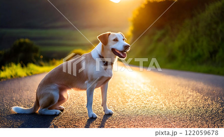 夕陽に照らされる犬の穏やかなひととき 122059678