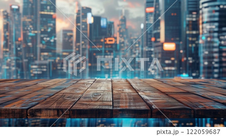 A wooden tabletop with a blurred city skyline in the background. The buildings are lit up with bright lights, creating a vibrant urban scene. 122059687