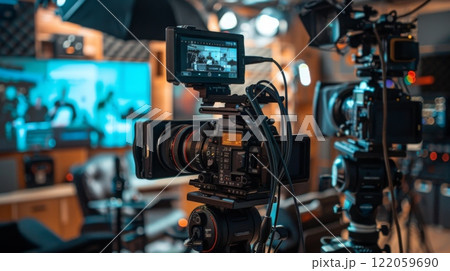 A professional video camera with a monitor attached is set up on a tripod in a studio, ready to film. 122059690