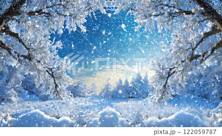 冬のファンタジー：輝く雪景色と星空の美しさ 122059787