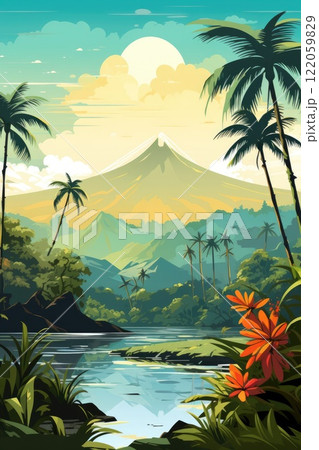 beautiful tropical jungle landscape illustration 122059829
