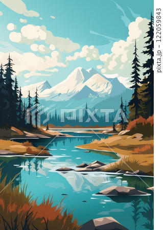 beautiful mountain and river nature landscape in fir forest illustration 122059843