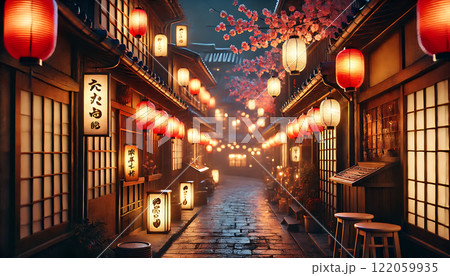 日本の伝統的な夜桜と提灯の風景 日本の伝統的な夜桜と提灯の風景 122059935