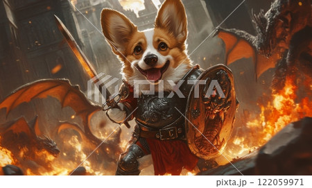 A determined corgi dressed in knight's armor brandishes a sword and shield while confronting dragons in a fiery medieval setting, embodying courage amid chaos and adventure. 122059971