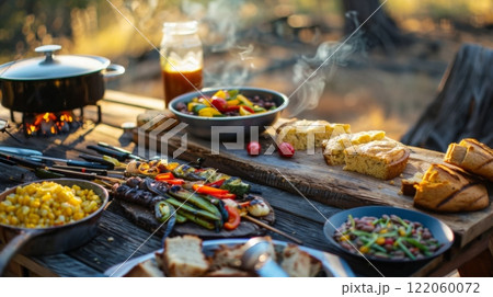 A rustic spread of grilled vegetables, bread, and seasonal fruits is set on a wooden table beside a campfire, with smoke rising in the golden light of sunset. A rustic spread of grilled vegetables, bread, and seasonal fruits is set on a wooden table beside a campfire, with smoke rising in the golden light of sunset. 122060072
