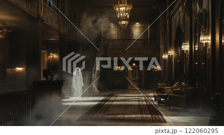 A ghostly figure appears in a dimly lit hotel hallway, surrounded by vintage decor and ornate chandeliers. The atmosphere is thick with fog, adding to the eerie and suspenseful ambiance of the scene. 122060295
