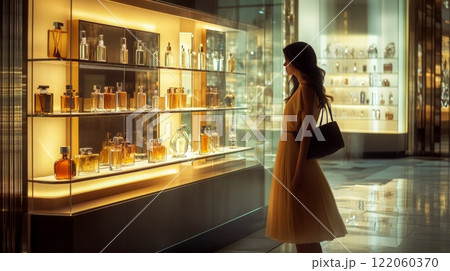 A woman stands in front of an illuminated display of exquisite perfume bottles, captivated by the variety offered. The ambiance reflects luxury as she takes in the evening atmosphere of the shop. 122060370