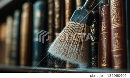 A person gently dusts off a collection of vintage leather-bound books resting on a wooden shelf. 122060405