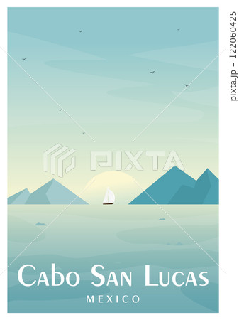 Mexico poster summer seascape. Cabo San Lucas flat illustration poster. Mediterranean landscape 122060425
