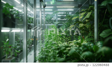 A view of a room with numerous potted plants growing under bright artificial lights. The plants are arranged in rows, with clear glass walls surrounding the space. A view of a room with numerous potted plants growing under bright artificial lights. The plants are arranged in rows, with clear glass walls surrounding the space. 122060488