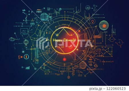 A vibrant design showcases the essence of Diwali with bright colors and intricate patterns. Festive symbols and joyful messages create an atmosphere of celebration and light. 122060523