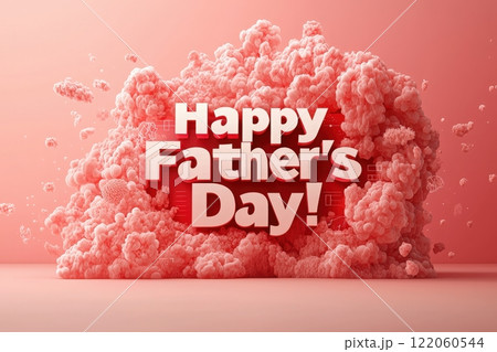 A cheerful display of the words Happy Fathers Day set against a soft pink background. Colorful puffs create a joyful atmosphere, perfect for celebrating this special occasion. 122060544