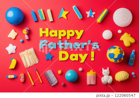 A vibrant display celebrating Fathers Day features colorful decorations, playful items, and fun shapes on a bright red backdrop. Perfect for creating a festive atmosphere for the occasion. A vibrant display celebrating Fathers Day features colorful decorations, playful items, and fun shapes on a bright red backdrop. Perfect for creating a festive atmosphere for the occasion. 122060547
